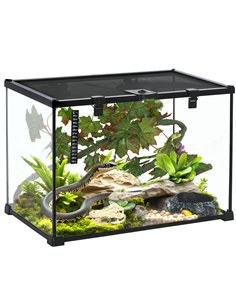 PawHut Glass Reptile Terrarium with Decor Kit, Breeding Tank with Thermometer for Small Animals, 50 x 30 x 35cm, Heated - Black