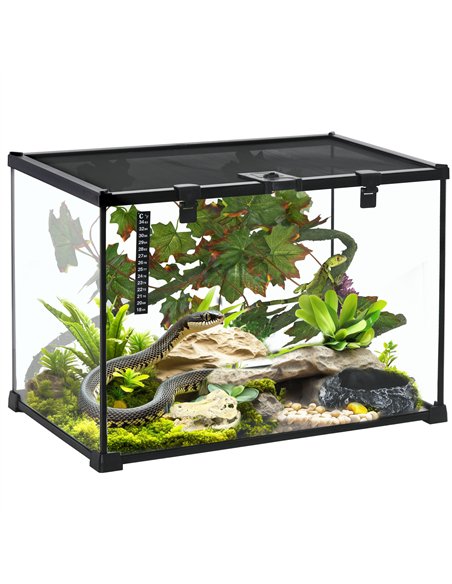 PawHut Glass Reptile Terrarium with Decor Kit, Breeding Tank with Thermometer for Small Animals, 50 x 30 x 35cm, Heated - Black - pic 159054 | FastDaddyshop