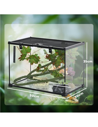PawHut Glass Reptile Terrarium with Decor Kit, Breeding Tank with Thermometer for Small Animals, 50 x 30 x 35cm, Heated - Black