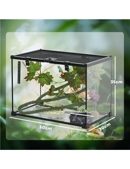 PawHut Glass Reptile Terrarium with Decor Kit, Breeding Tank with Thermometer for Small Animals, 50 x 30 x 35cm, Heated - Black - pic 159056 | FastDaddyshop