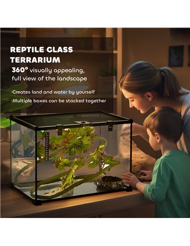 PawHut Glass Reptile Terrarium with Decor Kit, Breeding Tank with Thermometer for Small Animals, 50 x 30 x 35cm, Heated - Black