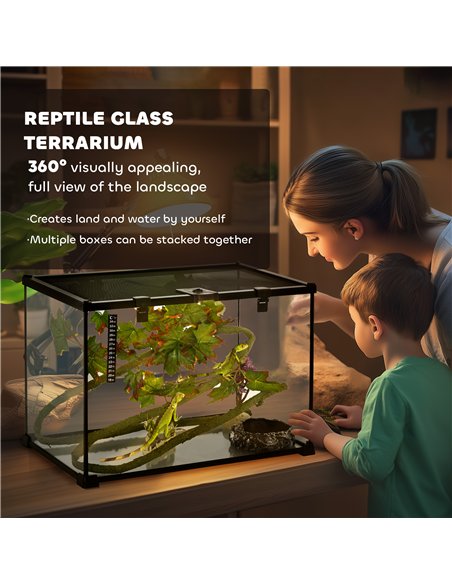 PawHut Glass Reptile Terrarium with Decor Kit, Breeding Tank with Thermometer for Small Animals, 50 x 30 x 35cm, Heated - Black - pic 159057 | FastDaddyshop