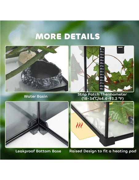 PawHut Glass Reptile Terrarium with Decor Kit, Breeding Tank with Thermometer for Small Animals, 50 x 30 x 35cm, Heated - Black - pic 159059 | FastDaddyshop