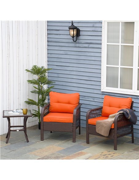 Outsunny 3 Pieces Patio PE Rattan Bistro Set with Coffee Table, Armrest Chairs, Cushion, Orange - pic 15909 | FastDaddyshop