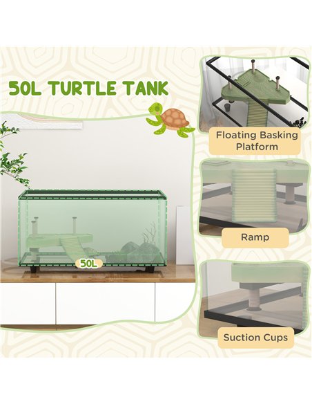 PawHut 50L Glass Turtle Tank Aquarium with Basking Platform, Easy Drainage, Strip Patch Thermometer - pic 159093 | FastDaddyshop