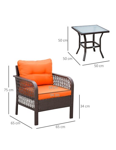 Outsunny 3 Pieces Patio PE Rattan Bistro Set, Outdoor Wicker Coffee Table Armrest Chairs Thick Padded Conversation Furniture for