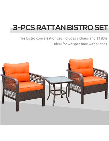 Outsunny 3 Pieces Patio PE Rattan Bistro Set with Coffee Table, Armrest Chairs, Cushion, Orange