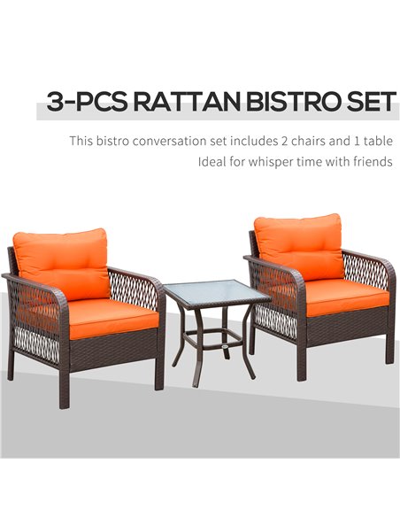 Outsunny 3 Pieces Patio PE Rattan Bistro Set with Coffee Table, Armrest Chairs, Cushion, Orange - pic 15911 | FastDaddyshop