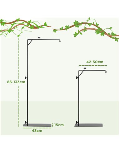 PawHut 86-129Hcm Adjustable Height and Length Reptile Lamp Stand Holder with Hook Hanging, Base - Black