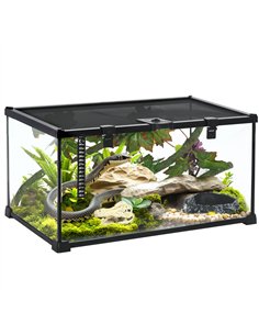 PawHut Glass Reptile Terrarium with Decor Kit, Breeding Tank with Thermometer for Small Animals, 50 x 30 x 25cm, Heated - Black