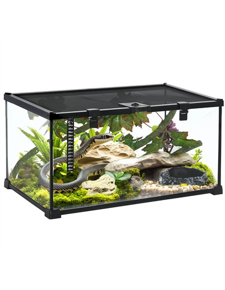 PawHut Glass Reptile Terrarium with Decor Kit, Breeding Tank with Thermometer for Small Animals, 50 x 30 x 25cm, Heated - Black - pic 159117 | FastDaddyshop