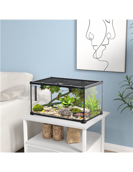 PawHut Glass Reptile Terrarium with Decor Kit, Breeding Tank with Thermometer for Small Animals, 50 x 30 x 25cm, Heated - Black - pic 159118 | FastDaddyshop