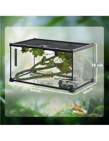PawHut Glass Reptile Terrarium with Decor Kit, Breeding Tank with Thermometer for Small Animals, 50 x 30 x 25cm, Heated - Black