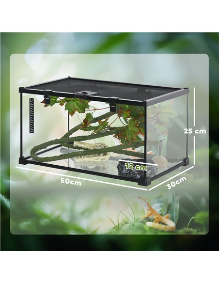 PawHut Glass Reptile Terrarium with Decor Kit, Breeding Tank with Thermometer for Small Animals, 50 x 30 x 25cm, Heated - Black - pic 159119 | FastDaddyshop