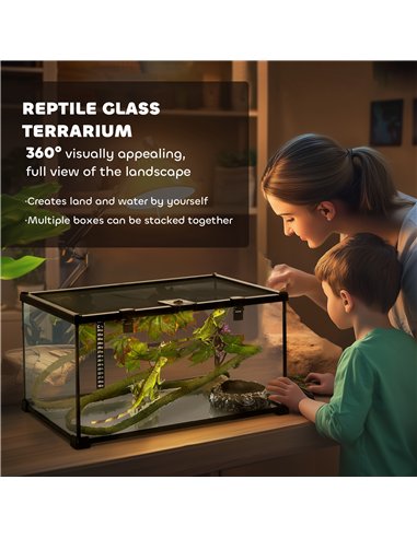 PawHut Glass Reptile Terrarium with Decor Kit, Breeding Tank with Thermometer for Small Animals, 50 x 30 x 25cm, Heated - Black