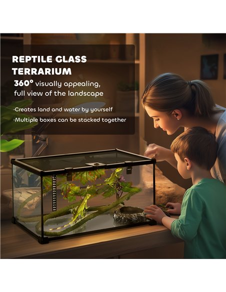 PawHut Glass Reptile Terrarium with Decor Kit, Breeding Tank with Thermometer for Small Animals, 50 x 30 x 25cm, Heated - Black - pic 159120 | FastDaddyshop