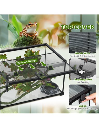 PawHut Glass Reptile Terrarium with Decor Kit, Breeding Tank with Thermometer for Small Animals, 50 x 30 x 25cm, Heated - Black