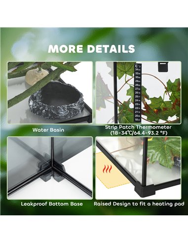 PawHut Glass Reptile Terrarium with Decor Kit, Breeding Tank with Thermometer for Small Animals, 50 x 30 x 25cm, Heated - Black