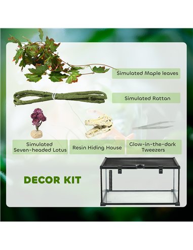 PawHut Glass Reptile Terrarium with Decor Kit, Breeding Tank with Thermometer for Small Animals, 50 x 30 x 25cm, Heated - Black