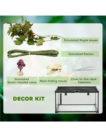 PawHut Glass Reptile Terrarium with Decor Kit, Breeding Tank with Thermometer for Small Animals, 50 x 30 x 25cm, Heated - Black - pic 159124 | FastDaddyshop