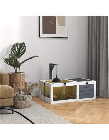 PawHut Tortoise Table with Wooden Lamp Holder, Wooden Tortoise House w/ Openable Lids, Pull-Out Trays - Grey