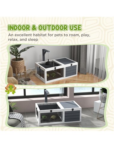 PawHut Tortoise Table with Wooden Lamp Holder, Wooden Tortoise House w/ Openable Lids, Pull-Out Trays - Grey
