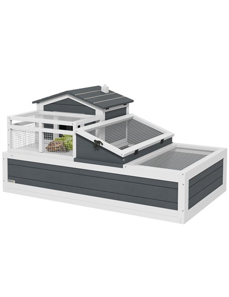 PawHut Tortoise House 3-Room with 2 Stories, Ladder, Balcony, Tray, Openable Roof, 59H x 112L x 65Wcm, Grey - pic 159153 | FastDaddyshop