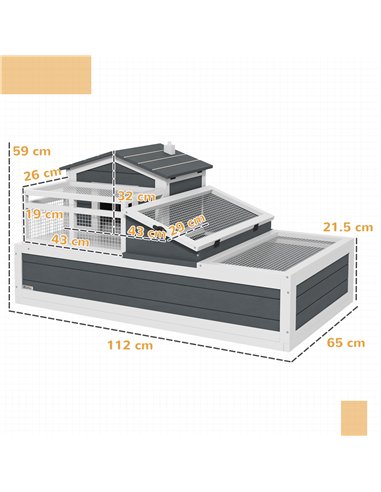 PawHut Tortoise House 3-Room with 2 Stories, Ladder, Balcony, Tray, Openable Roof, 59H x 112L x 65Wcm, Grey