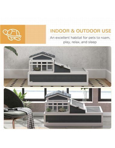 PawHut Tortoise House 3-Room with 2 Stories, Ladder, Balcony, Tray, Openable Roof, 59H x 112L x 65Wcm, Grey