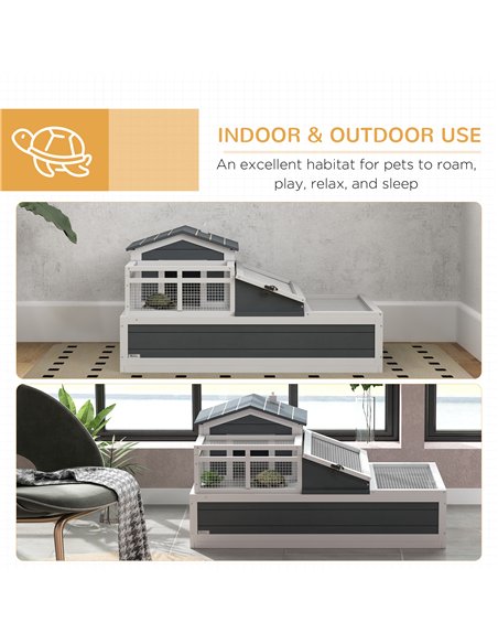 PawHut Tortoise House 3-Room with 2 Stories, Ladder, Balcony, Tray, Openable Roof, 59H x 112L x 65Wcm, Grey - pic 159160 | FastDaddyshop