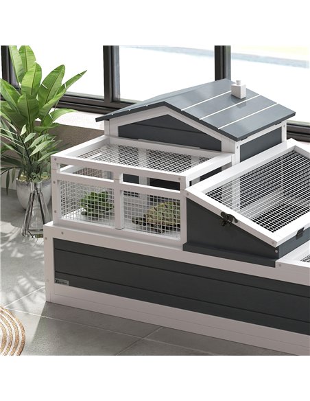 PawHut Tortoise House 3-Room with 2 Stories, Ladder, Balcony, Tray, Openable Roof, 59H x 112L x 65Wcm, Grey - pic 159161 | FastDaddyshop