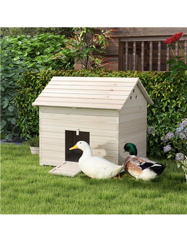 PawHut Wooden Duck House Poultry Coop for 2-4 Ducks with Openable Roof Raised Feet Air Holes Natural