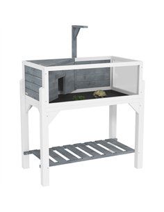PawHut Wooden Tortoise House with Storage Shelf, Clear Observation Windows, Lamp Holder, Openable Top, Built-in Tray, Grey