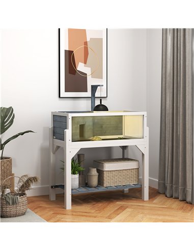 PawHut Wooden Tortoise House with Storage Shelf, Clear Observation Windows, Lamp Holder, Openable Top, Built-in Tray, Grey