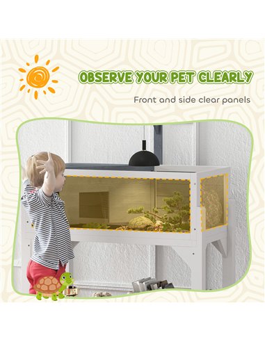 PawHut Wooden Tortoise House with Storage Shelf, Clear Observation Windows, Lamp Holder, Openable Top, Built-in Tray, Grey