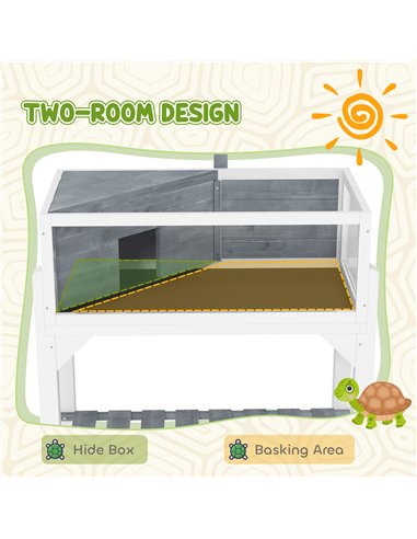 PawHut Wooden Tortoise House with Storage Shelf, Clear Observation Windows, Lamp Holder, Openable Top, Built-in Tray, Grey