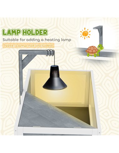 PawHut Wooden Tortoise House with Storage Shelf, Clear Observation Windows, Lamp Holder, Openable Top, Built-in Tray, Grey