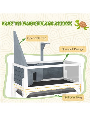 PawHut Wooden Tortoise House with Storage Shelf, Clear Observation Windows, Lamp Holder, Openable Top, Built-in Tray, Grey