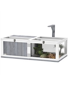 PawHut Wooden Tortoise House with Lamp Holder, Clear Observation Window, Openable Tops, Built-in Tray, Light Grey