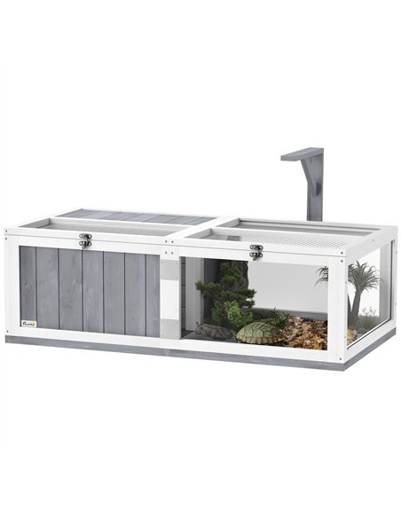 PawHut Wooden Tortoise House with Lamp Holder, Clear Observation Window, Openable Tops, Built-in Tray, Light Grey - pic 159189 | FastDaddyshop