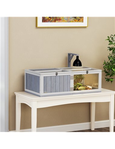 PawHut Wooden Tortoise House with Lamp Holder, Clear Observation Window, Openable Tops, Built-in Tray, Light Grey
