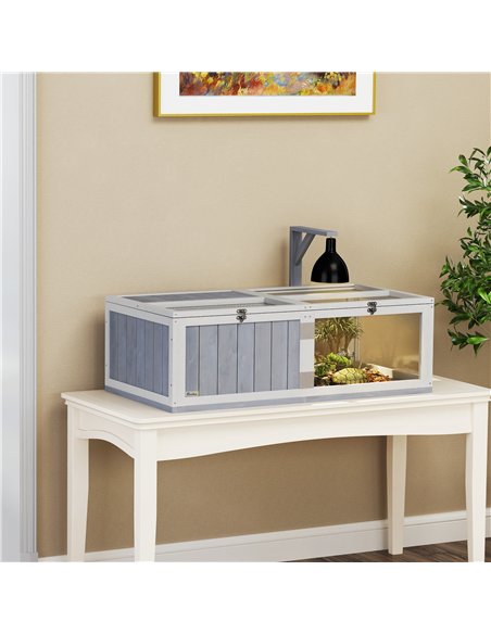 PawHut Wooden Tortoise House with Lamp Holder, Clear Observation Window, Openable Tops, Built-in Tray, Light Grey - pic 159190 | FastDaddyshop