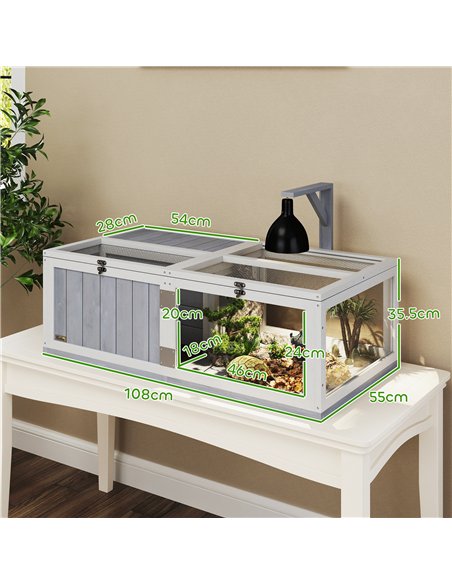 PawHut Wooden Tortoise House with Lamp Holder, Clear Observation Window, Openable Tops, Built-in Tray, Light Grey - pic 159191 | FastDaddyshop