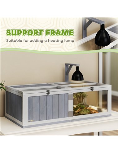 PawHut Wooden Tortoise House with Lamp Holder, Clear Observation Window, Openable Tops, Built-in Tray, Light Grey