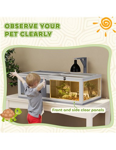 PawHut Wooden Tortoise House with Lamp Holder, Clear Observation Window, Openable Tops, Built-in Tray, Light Grey