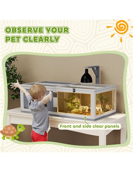 PawHut Wooden Tortoise House with Lamp Holder, Clear Observation Window, Openable Tops, Built-in Tray, Light Grey - pic 159194 | FastDaddyshop