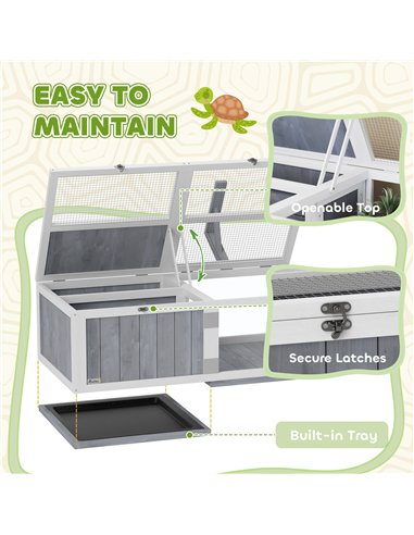 PawHut Wooden Tortoise House with Lamp Holder, Clear Observation Window, Openable Tops, Built-in Tray, Light Grey
