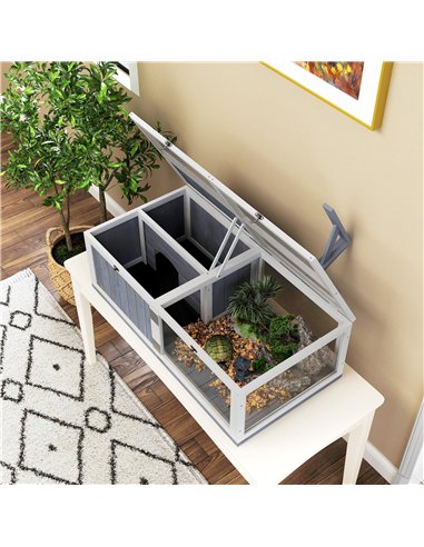 PawHut Wooden Tortoise House with Lamp Holder, Clear Observation Window, Openable Tops, Built-in Tray, Light Grey