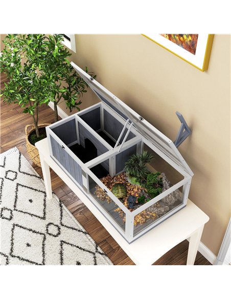 PawHut Wooden Tortoise House with Lamp Holder, Clear Observation Window, Openable Tops, Built-in Tray, Light Grey - pic 159196 | FastDaddyshop