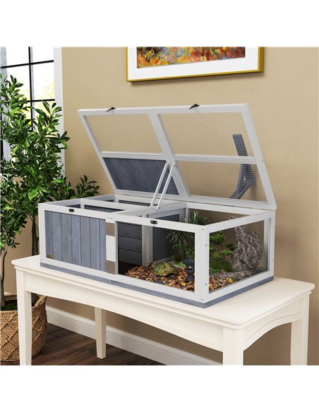 PawHut Wooden Tortoise House with Lamp Holder, Clear Observation Window, Openable Tops, Built-in Tray, Light Grey - pic 159197 | FastDaddyshop